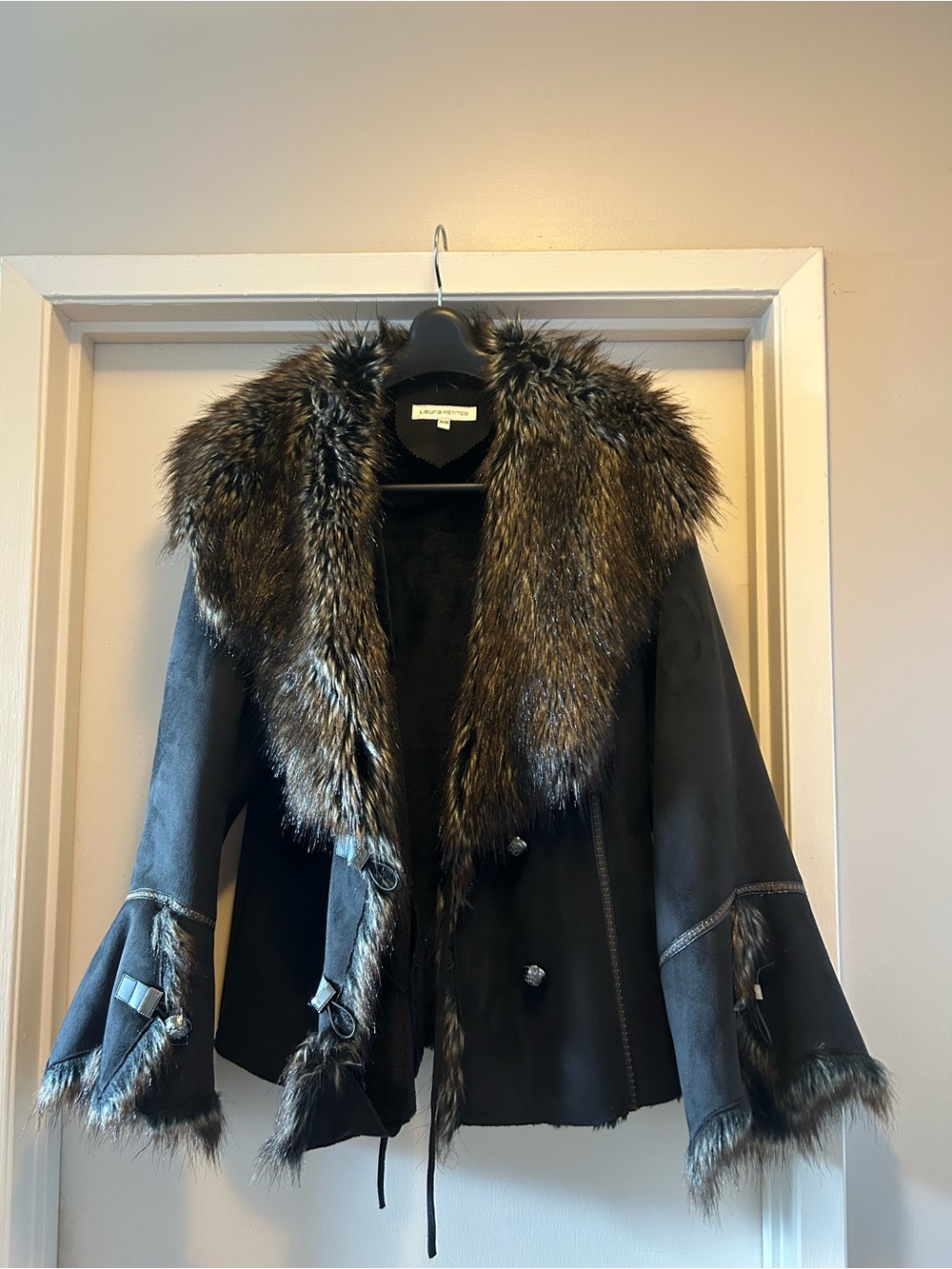 Black Suede Jacket with Faux Fur Trim - Women